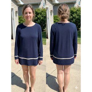 Talbots Navy Blue Boat Neck Tunic Top Cream Trim Long Sleeve Rayon Blend Size M